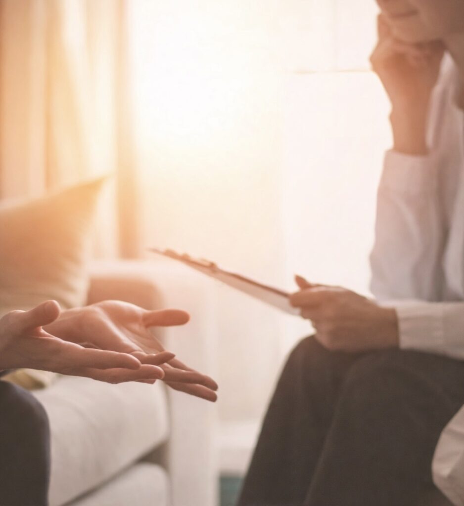 Psicóloga Giselle Pais em sessão individual em consultório acolhedor.